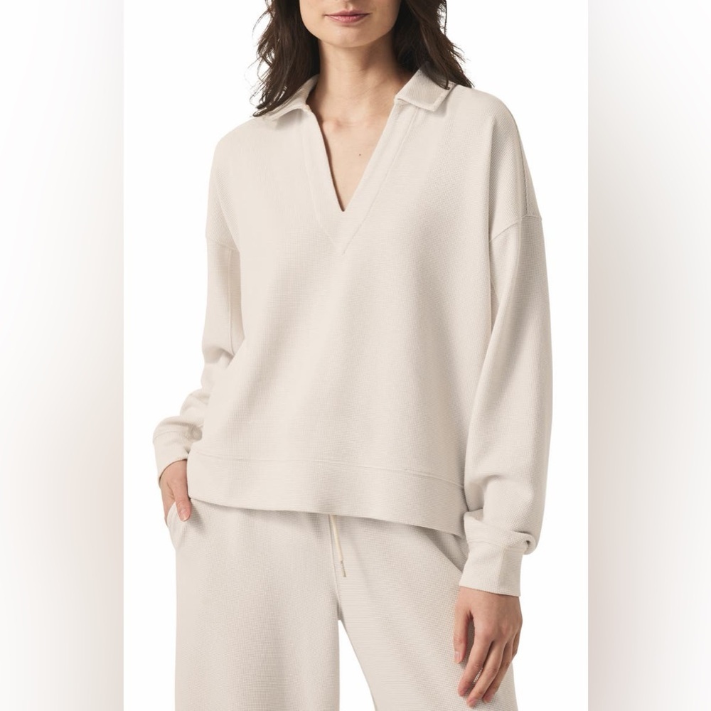 Splendid Waffle Scuba Knit Polo Sweatshirt Cream